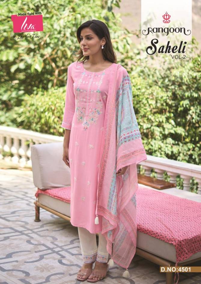 Saheli Vol 2 By Rangoon Nylon Viscose Embroidery Kurti With Bottom Dupatta Wholesalers In Delhi